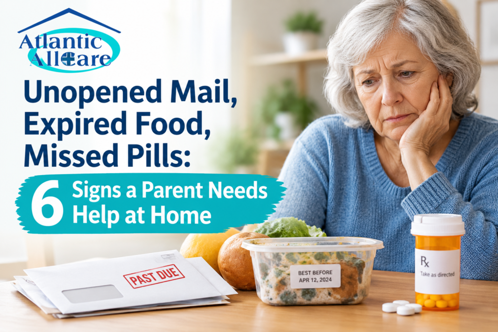 Atlantic Care banner about six signs a parent needs help at home; worried elderly woman with pills and past-due mail nearby.